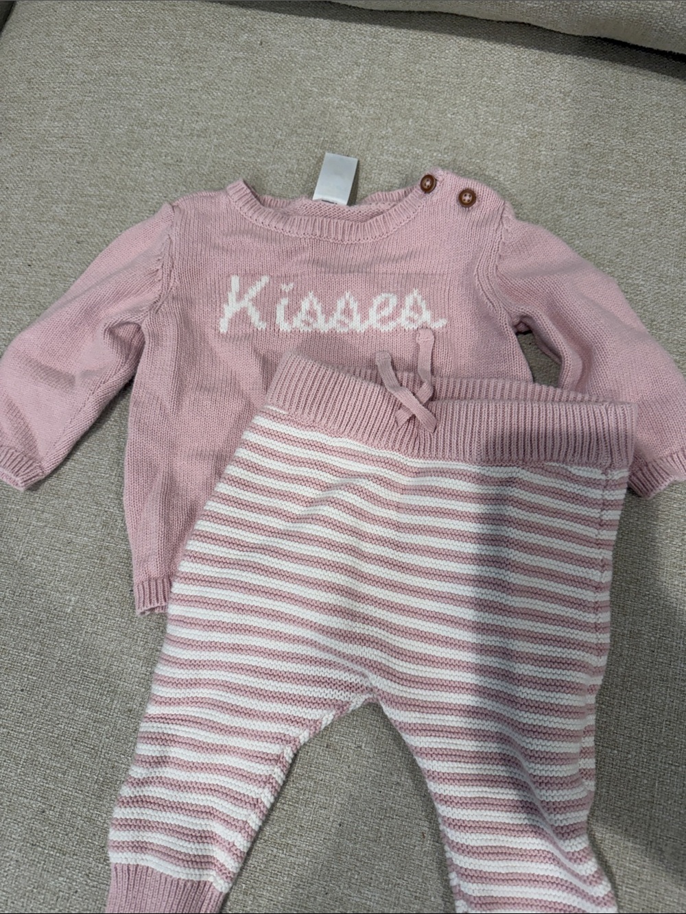 Pink 'Kisses' Knit Baby Sweater & Striped Pants Set